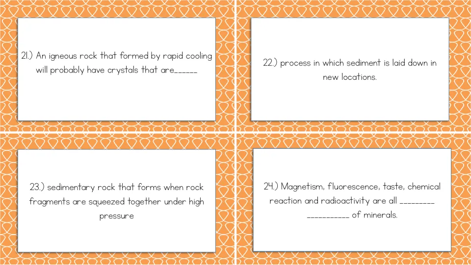 Rocks and minerals cards 21–24 ask about rapid cooling, deposition, clastic rock, and special mineral properties.