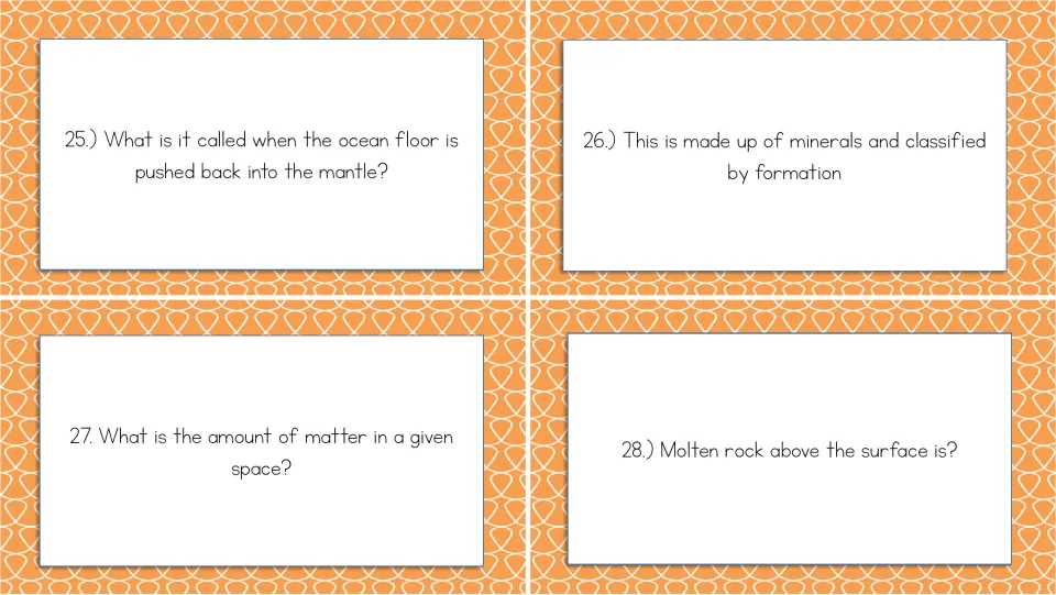 Rocks and minerals cards 25–28 ask about subduction, rocks classified by formation, density, and lava.