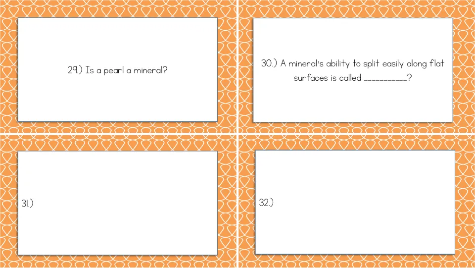 Cards 29–30 ask whether a pearl is a mineral and about cleavage; cards 31–32 are blank for added problems.