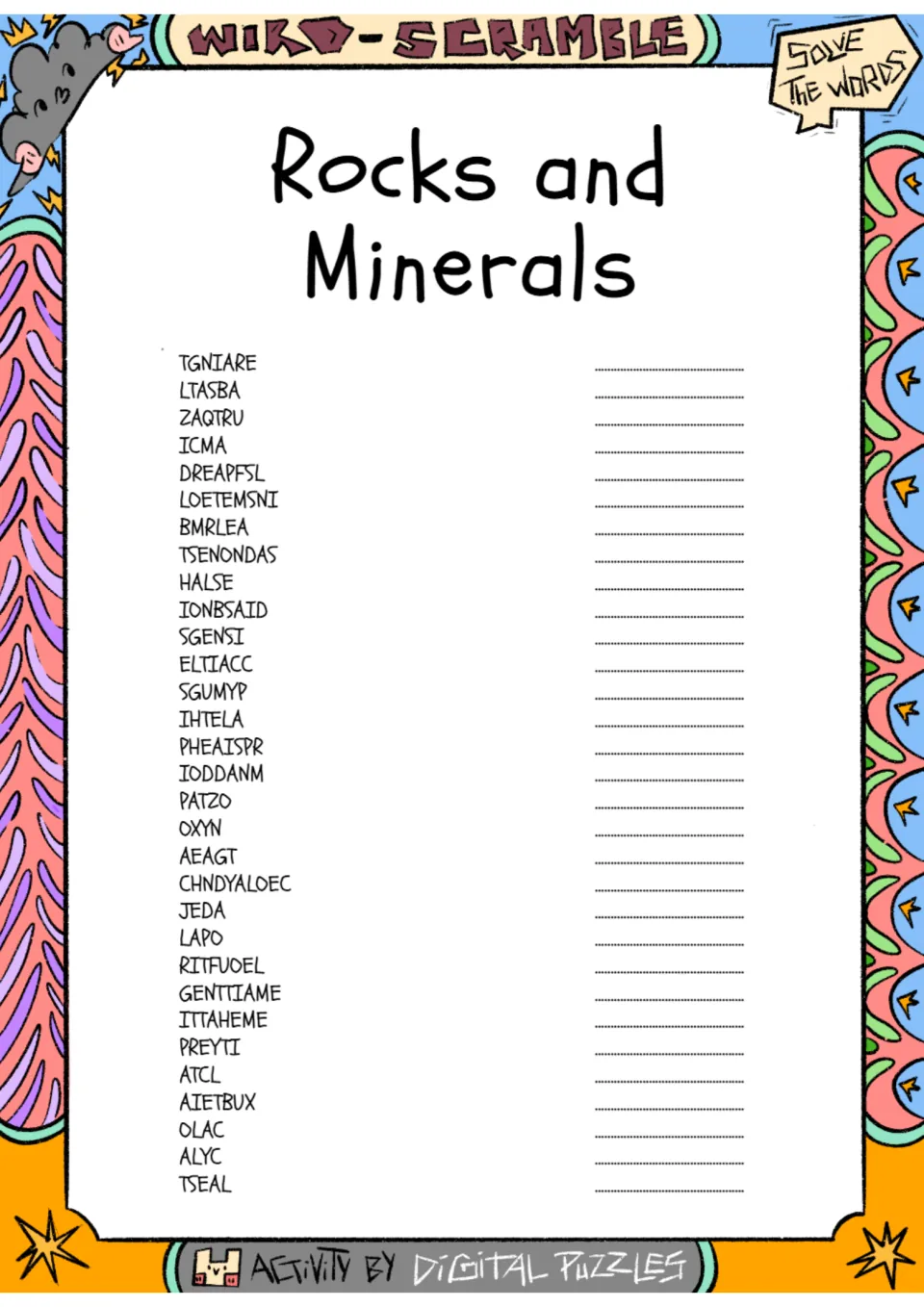 Rocks and minerals word scramble: students unscramble 30 words such as TGNIARE and LTASBA and write each answer
