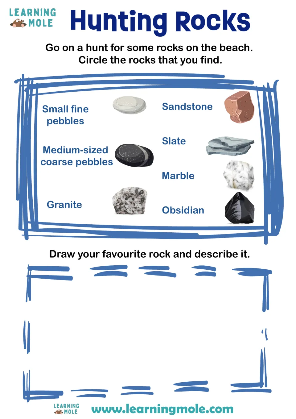 Hunting Rocks: students circle beach rocks they find, from granite to obsidian, then draw and describe a favourite