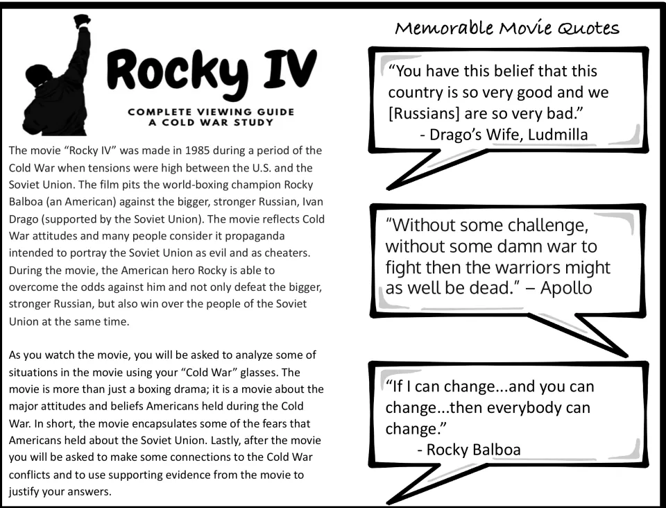 Rocky IV film introduction connects the story to Cold War propaganda and includes three movie quotations