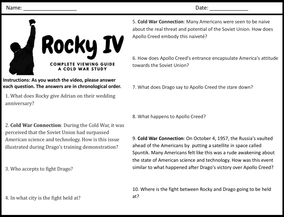 Viewing guide questions 1–10 connect Drago’s training and Apollo Creed’s fight to Cold War fears and Sputnik