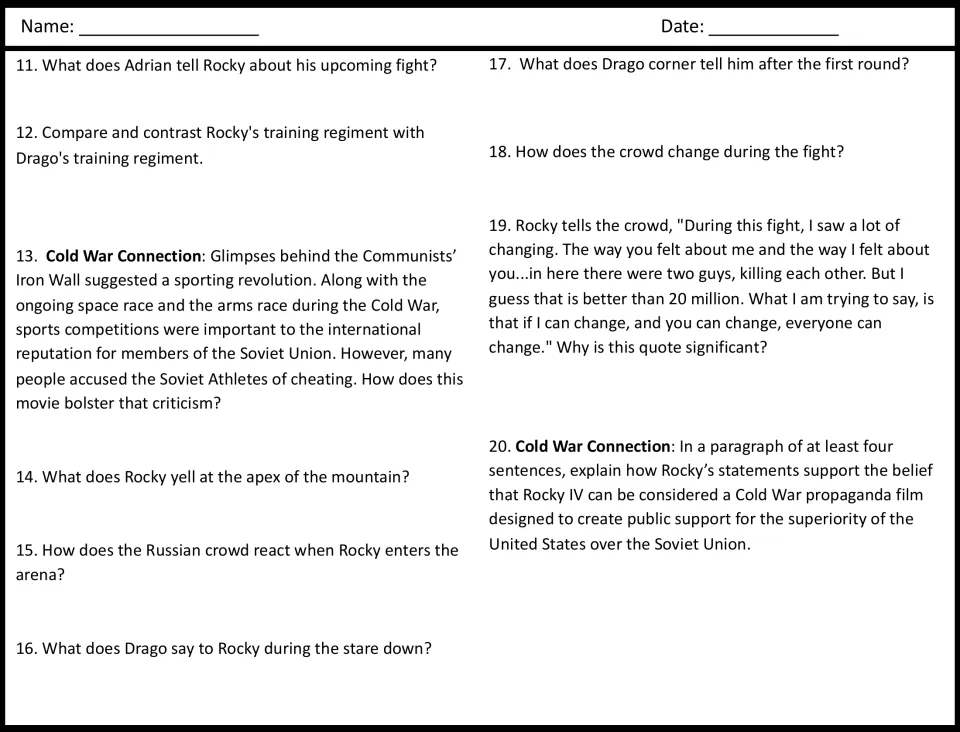 Viewing guide questions 11–20 compare training, examine Soviet sports, and ask for a paragraph on propaganda