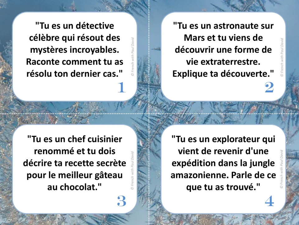 French speaking cards 1–4: a detective solving a case, a Mars astronaut, a chef, and an Amazon explorer