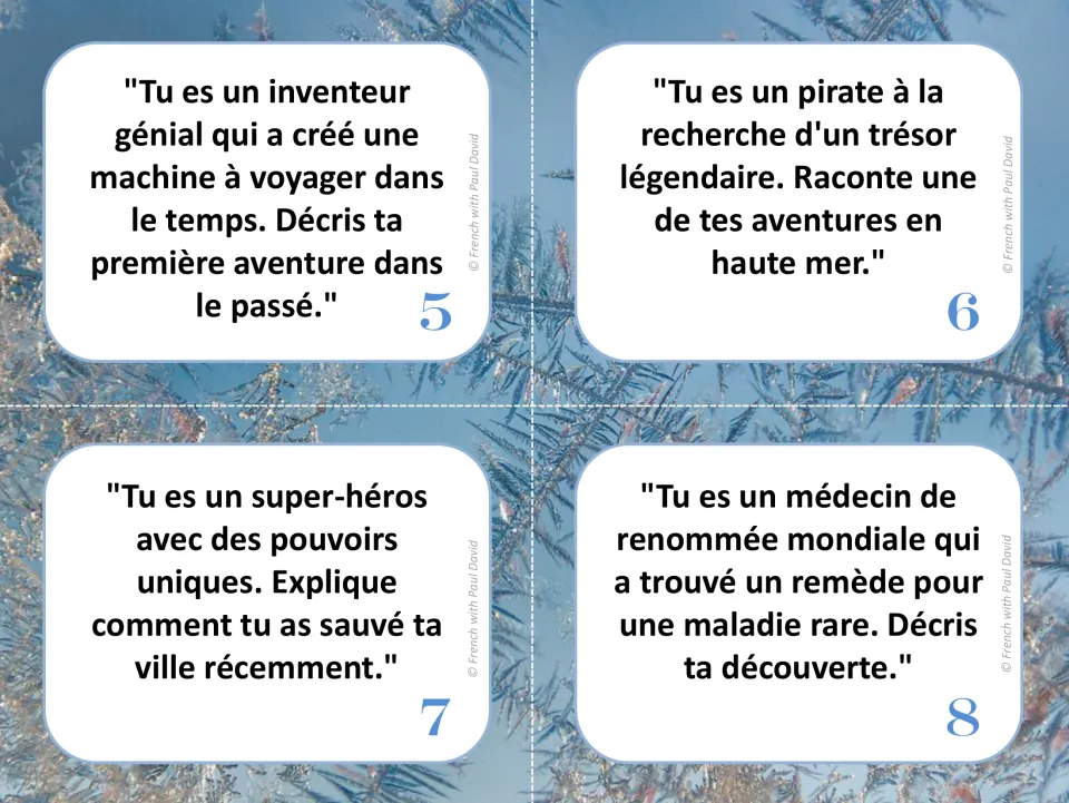 French speaking cards 5–8: a time-machine inventor, a treasure-seeking pirate, a superhero, and a doctor