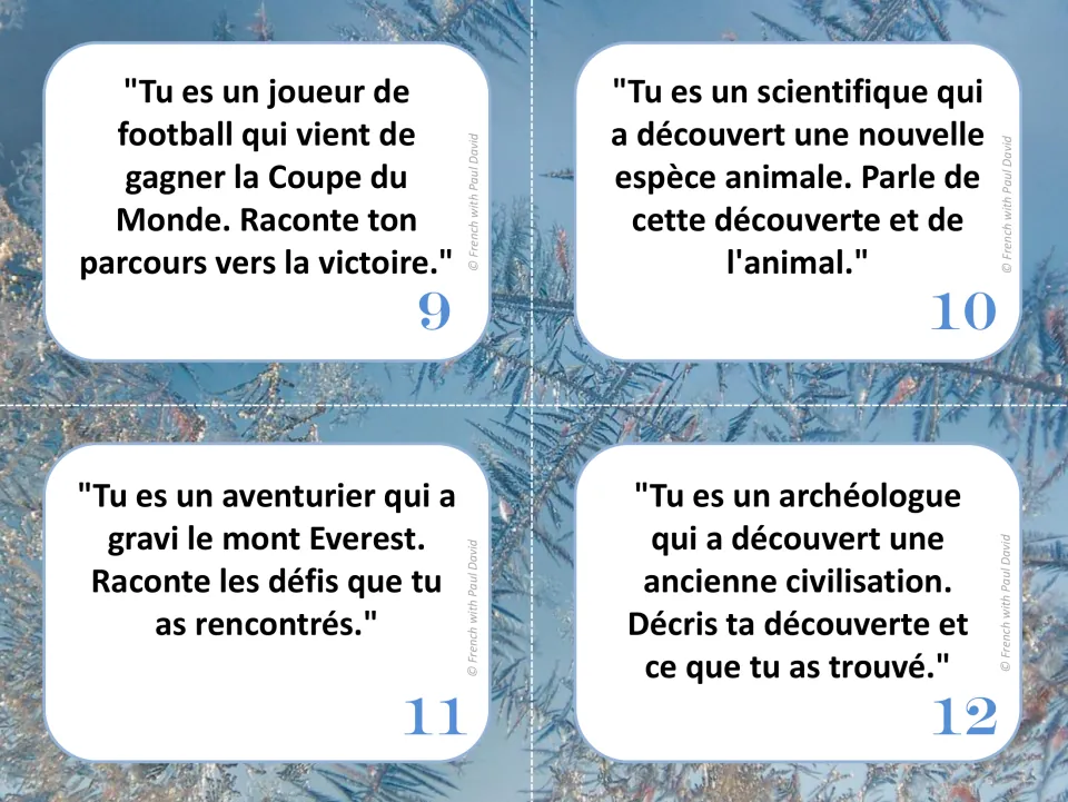 French speaking cards 9–12: a World Cup winner, an animal researcher, an Everest climber, and an archaeologist