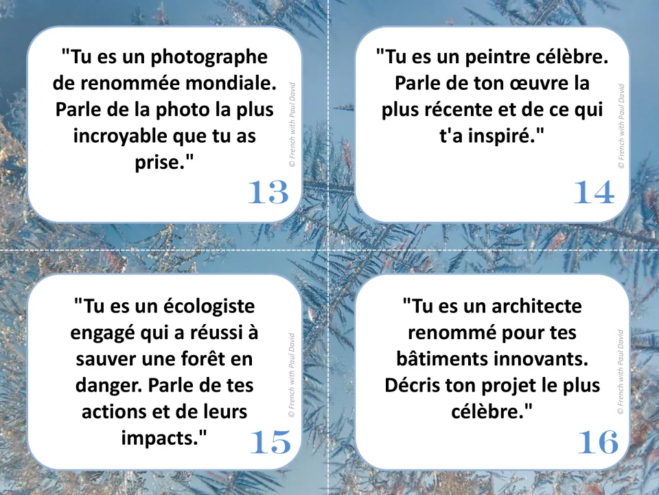 French speaking cards 13–16: a photographer, a painter, a forest-saving environmentalist, and an architect