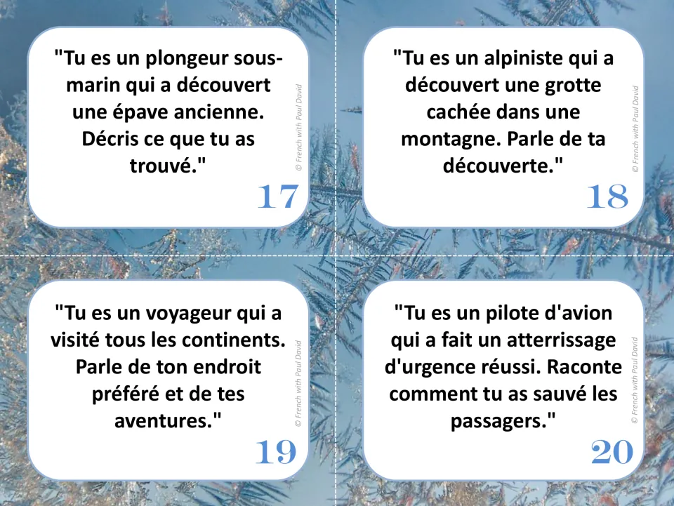 French speaking cards 17–20: a shipwreck diver, a cave-finding climber, a world traveler, and an airplane pilot