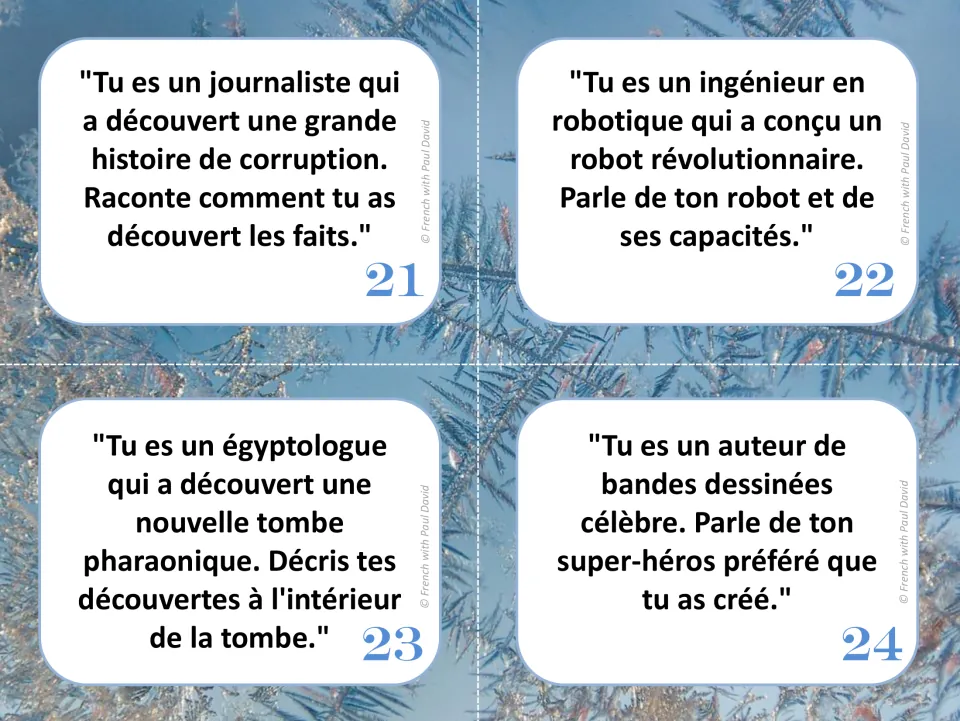 French speaking cards 21–24: a journalist, a robotics engineer, an Egyptologist, and a comic book author