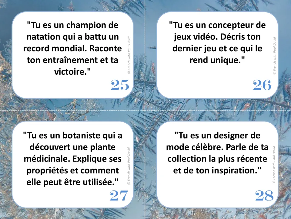French speaking cards 25–28: a swimming champion, a video game designer, a botanist, and a fashion designer