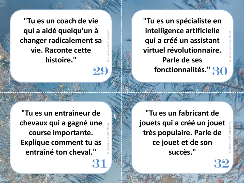 French speaking cards 29–32: a life coach, an artificial intelligence specialist, a horse trainer, and a toy maker