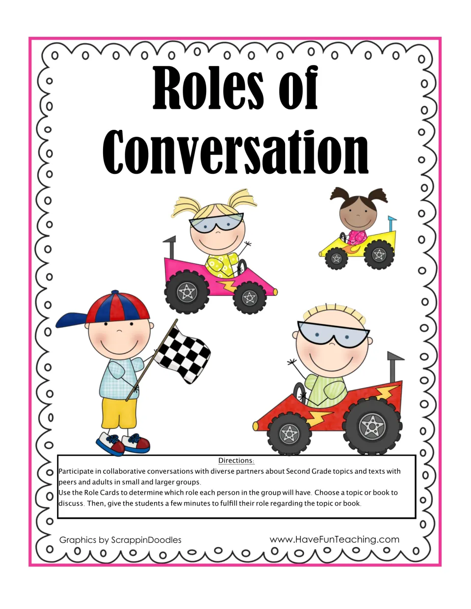 Roles of Conversation cover with race-car kids and directions for using role cards to discuss a chosen topic or book