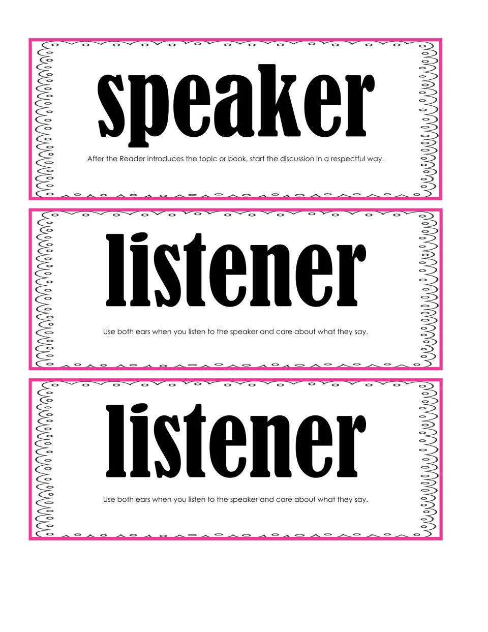 Discussion role cards: Speaker starts the talk respectfully after the Reader; two Listener cards: listen with both ears