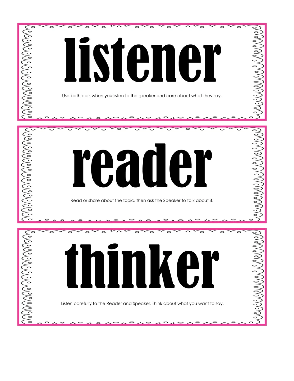 Role cards for Listener, Reader who shares the topic and cues the Speaker, and Thinker who plans what to say next