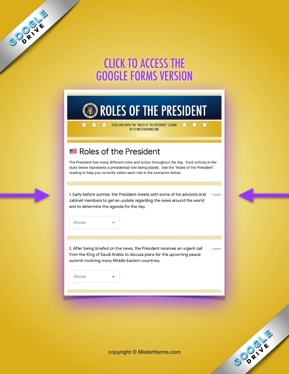 Google Forms version of the quiz: preview of items where students choose the role for each scenario from a dropdown