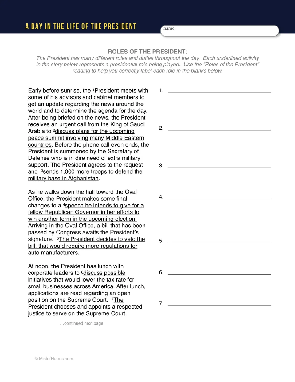 A day in the life worksheet: students label the presidential role behind each underlined event, items 1 to 7