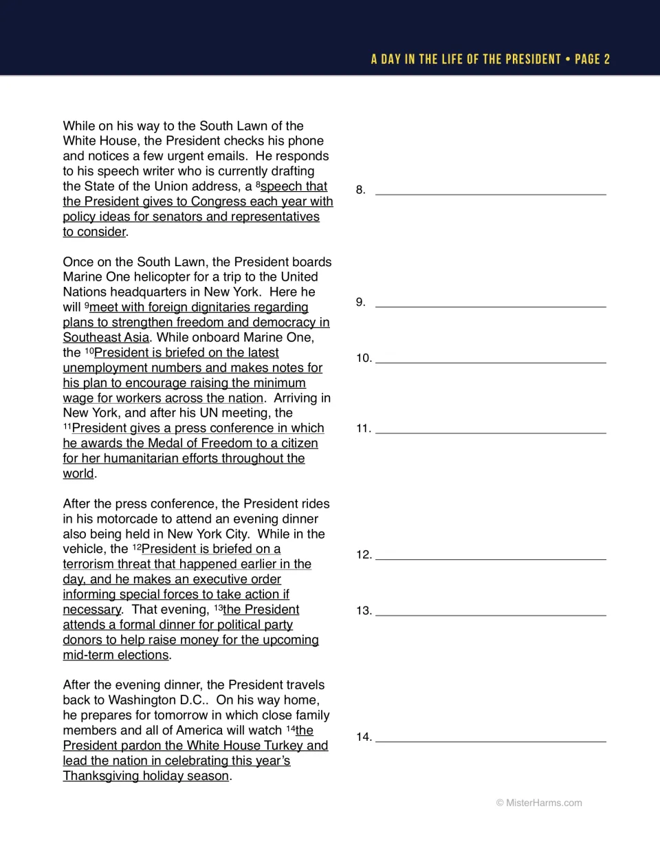 Day in the life story continued: students identify roles for events 8 to 14, from UN meetings to a turkey pardon