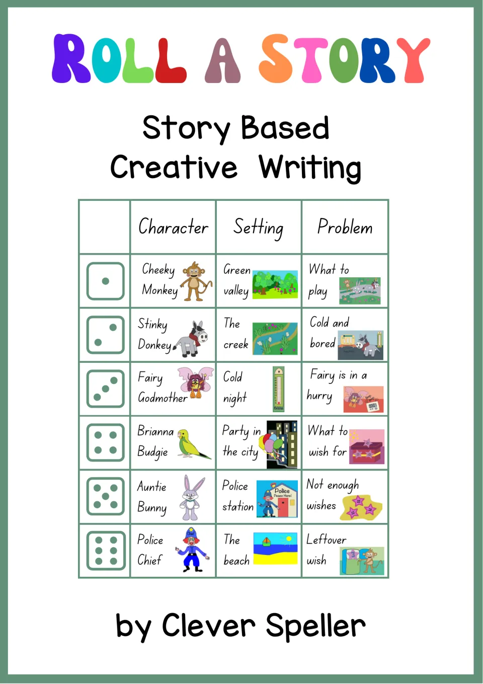Roll a Story cover: story-based creative writing chart of six characters, settings and problems, each matched to a die roll