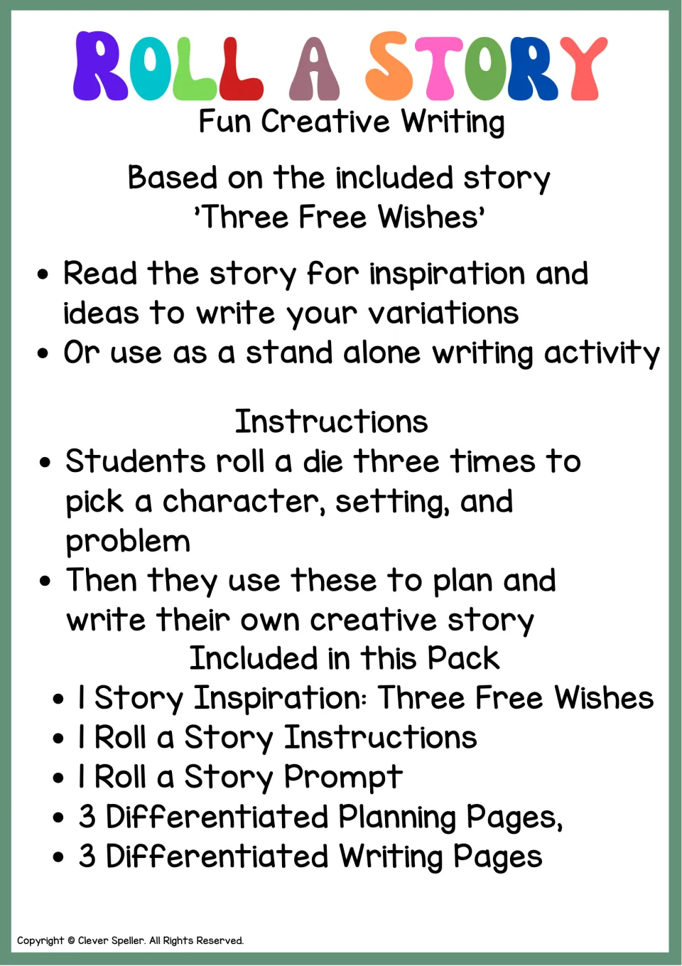 Teacher overview: students roll a die for a character, setting and problem; lists the story, prompt, plan and writing pages