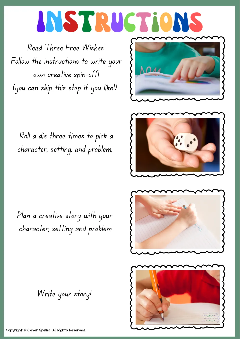 Four-step instructions: read 'Three Free Wishes', roll a die, plan with character, setting and problem, then write the story