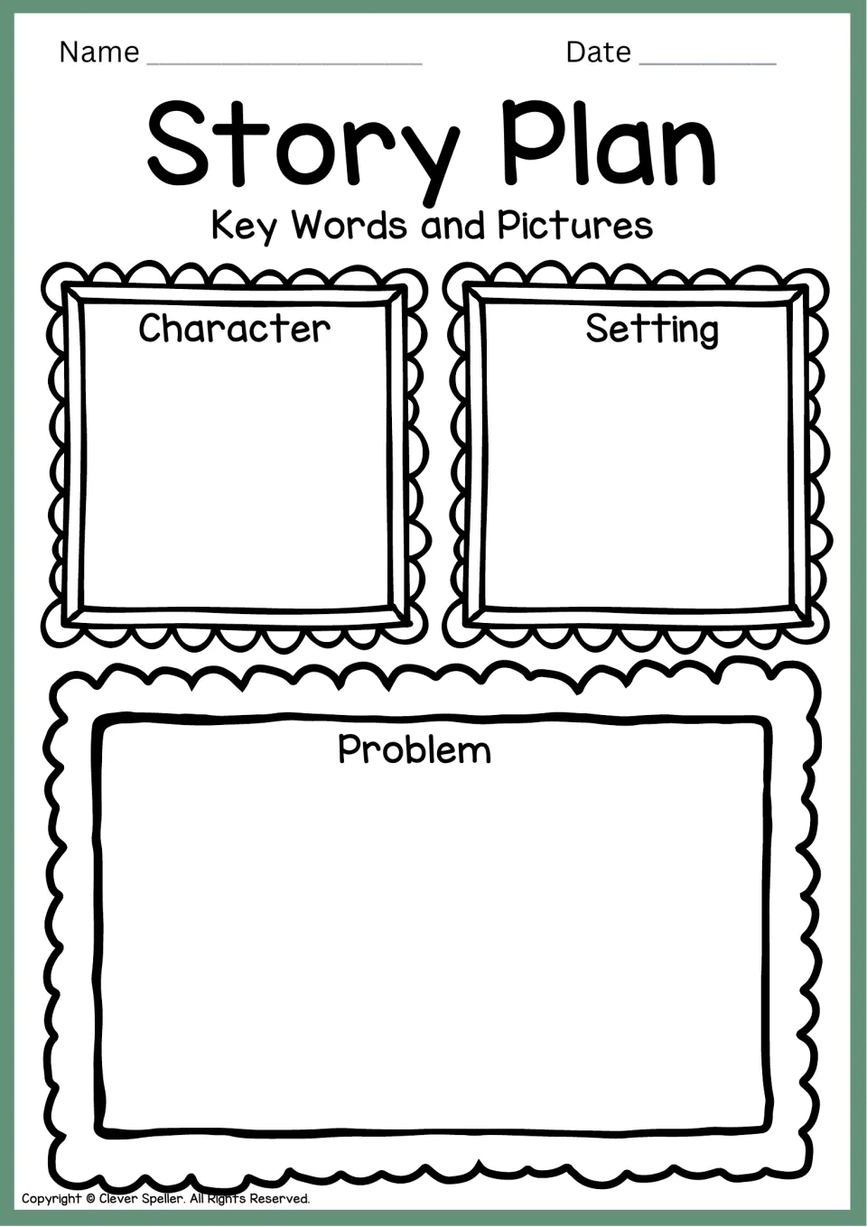 Story Plan, key words and pictures: students draw and label their rolled character, setting and problem before writing