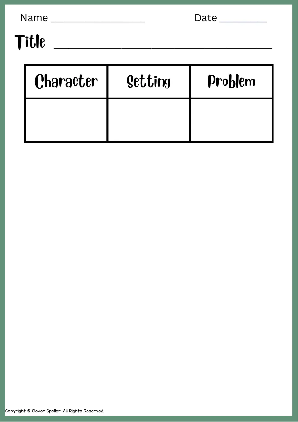 Story writing page: students add a title, note character, setting and problem in a chart, then write the story below