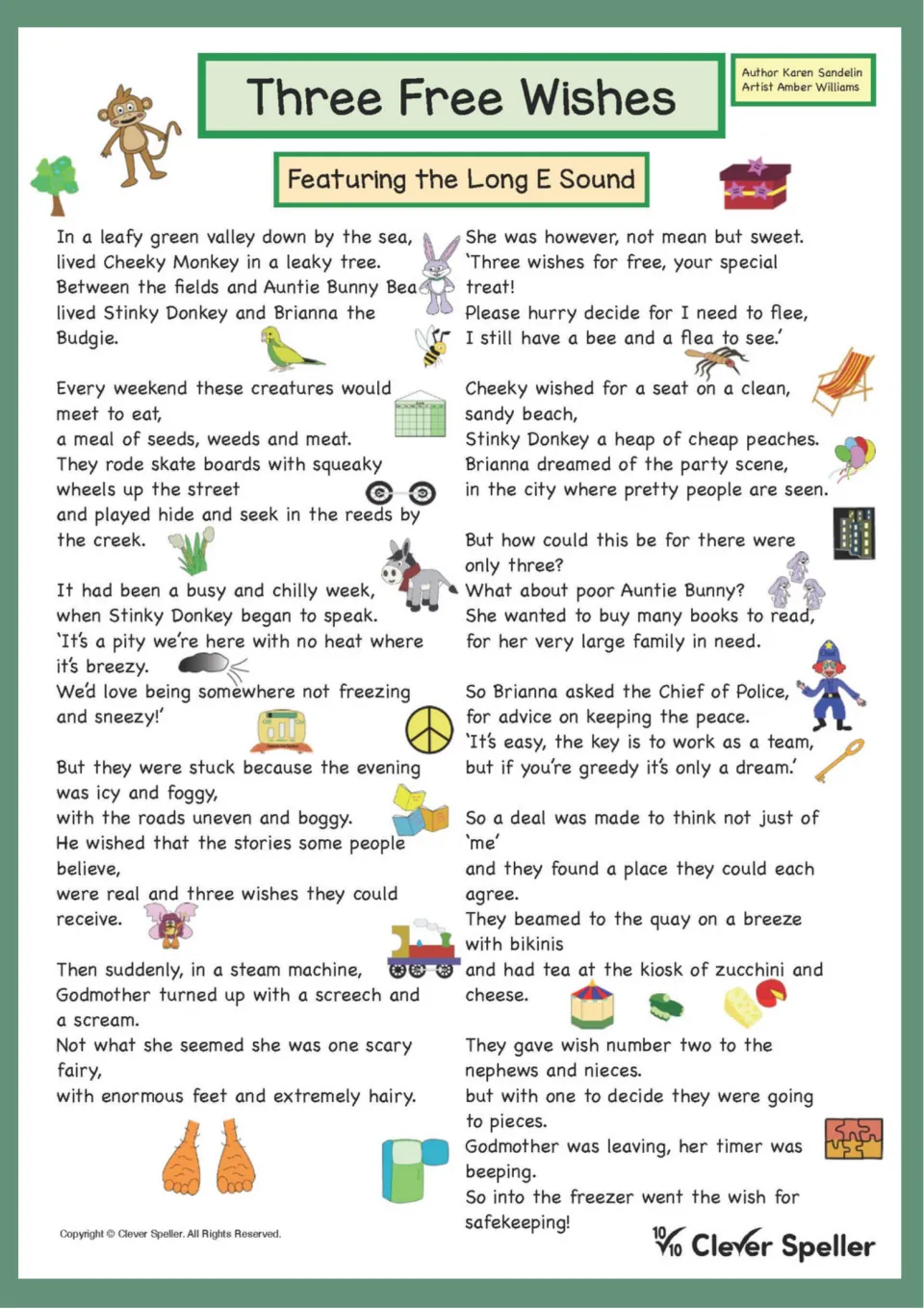 Three Free Wishes, a rhyming story featuring the long E sound, in which Cheeky Monkey and friends get wishes from a fairy