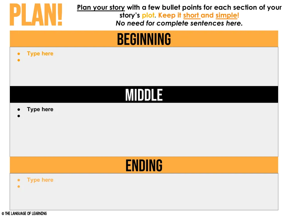 Halloween story planner: Beginning, Middle, and Ending sections for brief bullet points, not full sentences