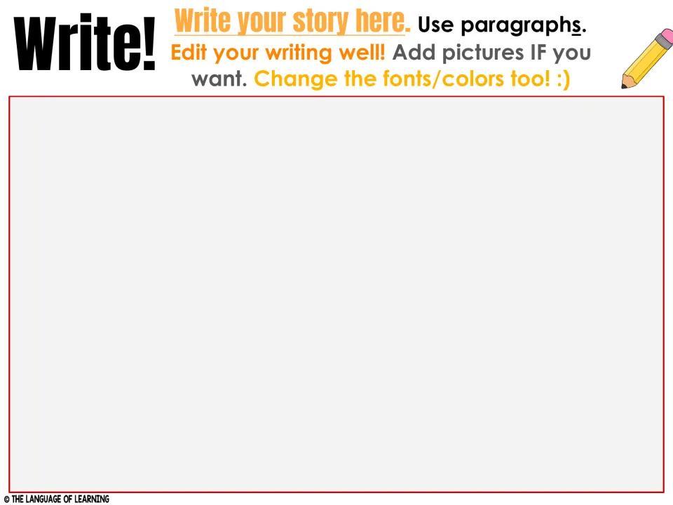 Halloween story writing slide prompts students to use paragraphs, edit, and optionally add pictures
