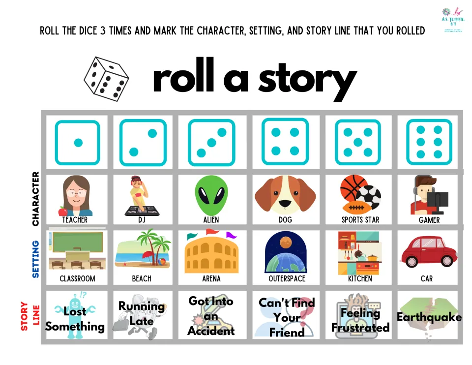 Roll a story game: students roll a die for a teacher, DJ or alien, a beach or kitchen setting, and a plot like Earthquake