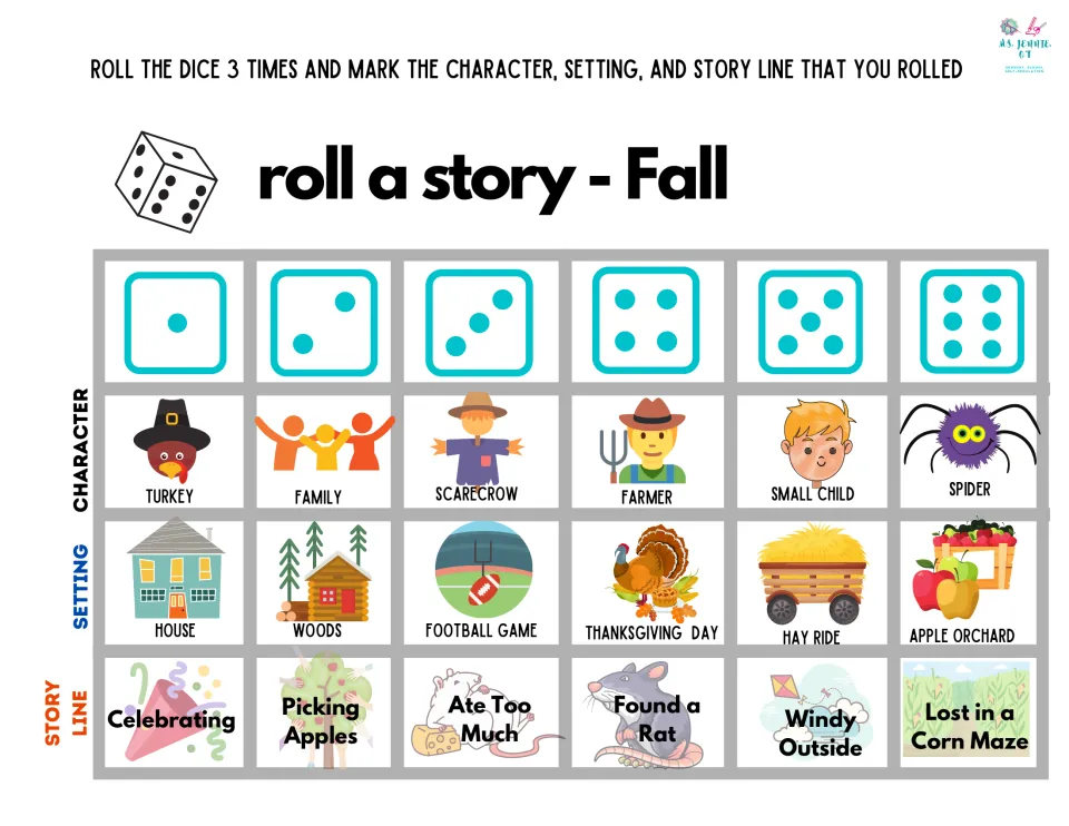 Fall story dice chart: roll for a scarecrow or turkey, a hay ride or apple orchard, and a plot like Lost in a Corn Maze
