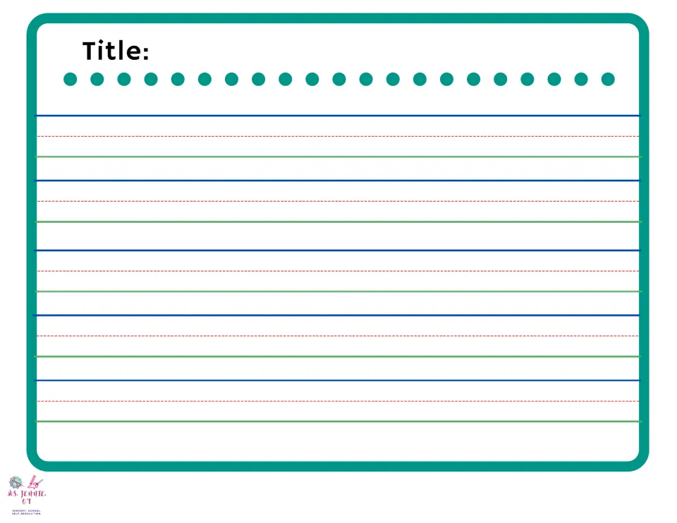 Story writing page: students add a title and write their rolled story on five rows of dashed-midline handwriting paper