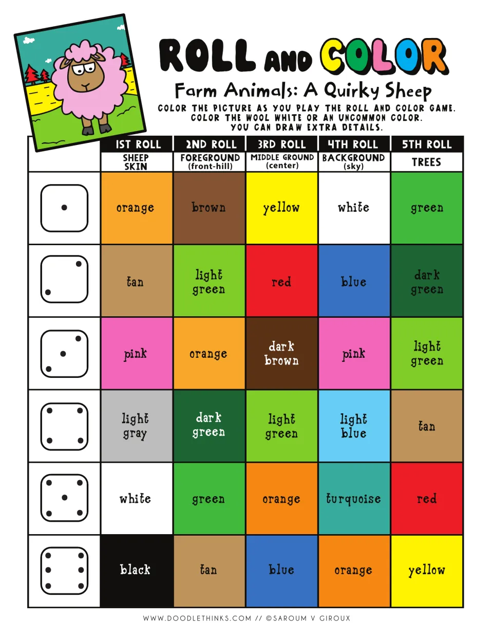 Farm animals sheep color key: students roll a die five times to pick colors for skin, hills, middle ground, sky and trees