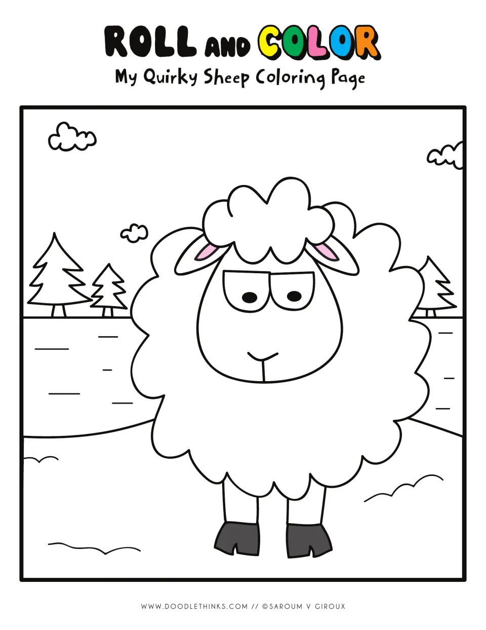 My Quirky Sheep coloring page: a cartoon sheep stands on hills with pine trees and clouds, ready to color from die rolls