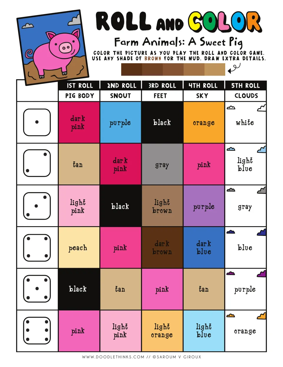 Sweet pig roll and color game: students roll a die to choose colors for the pig's body, snout, feet, sky and clouds