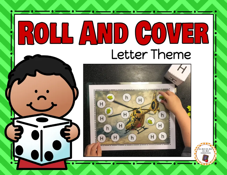 Roll and Cover Letters game cover showing a child covering letters on a helicopter mat beside a letter die