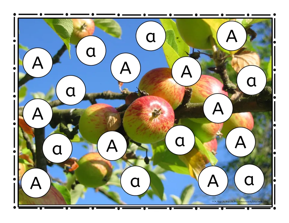 Letter A roll-and-cover game mat featuring uppercase A and lowercase a over a photograph of apples