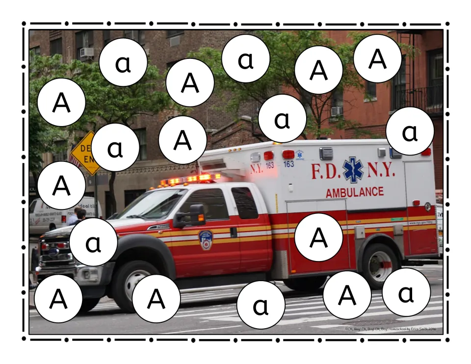 Letter A roll-and-cover game mat featuring uppercase A and lowercase a over an ambulance photograph