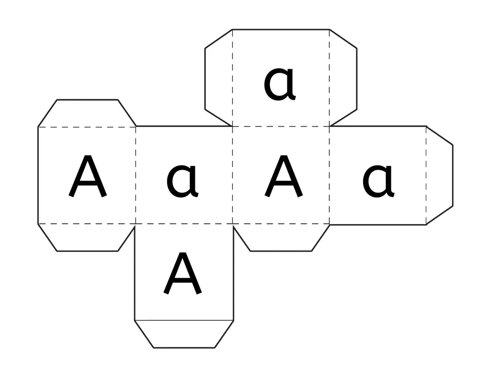 Foldable letter A die for the roll-and-cover game, with three uppercase A faces and three lowercase a faces