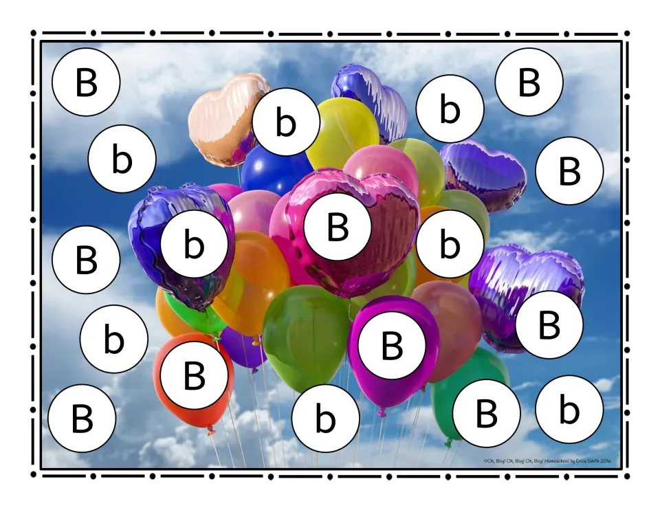 Letter B roll-and-cover game mat featuring uppercase B and lowercase b over a photograph of balloons