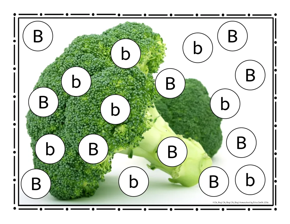 Letter B roll-and-cover game mat featuring uppercase B and lowercase b over a photograph of broccoli