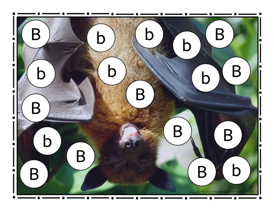 Letter B roll-and-cover game mat featuring uppercase B and lowercase b over a photograph of a hanging bat