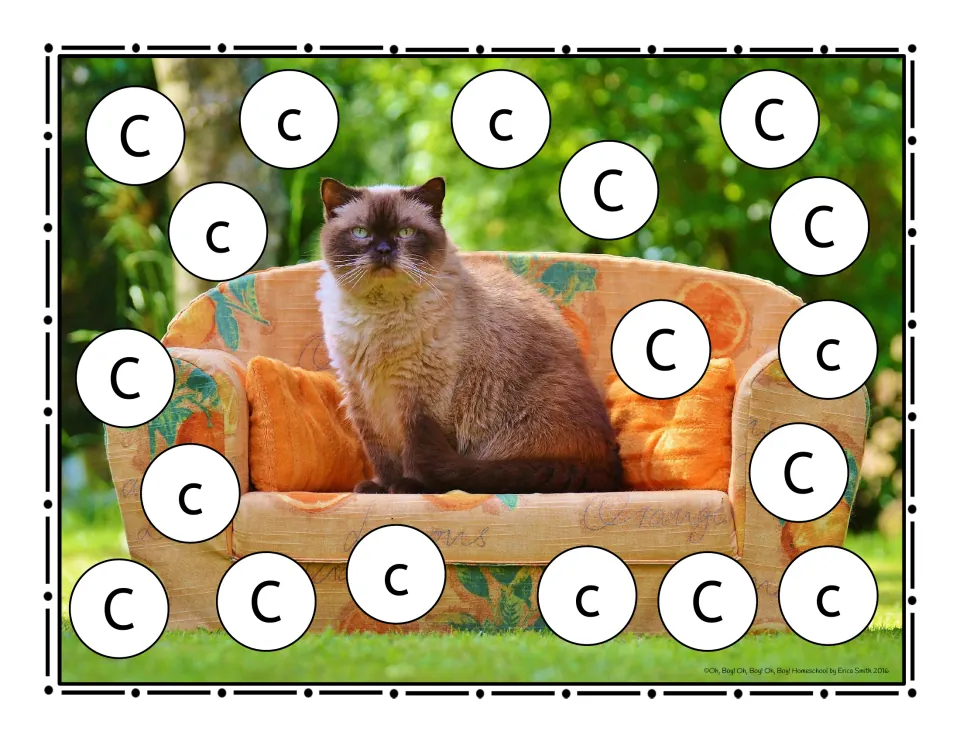 Letter C roll-and-cover game mat featuring uppercase C and lowercase c over a photograph of a seated cat