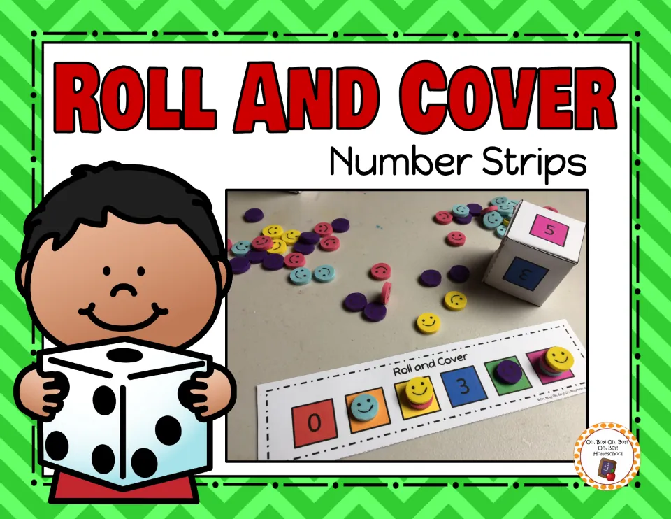 Roll and Cover Number Strips cover: photo of a 0-5 strip with smiley counters covering numbers beside a paper number die