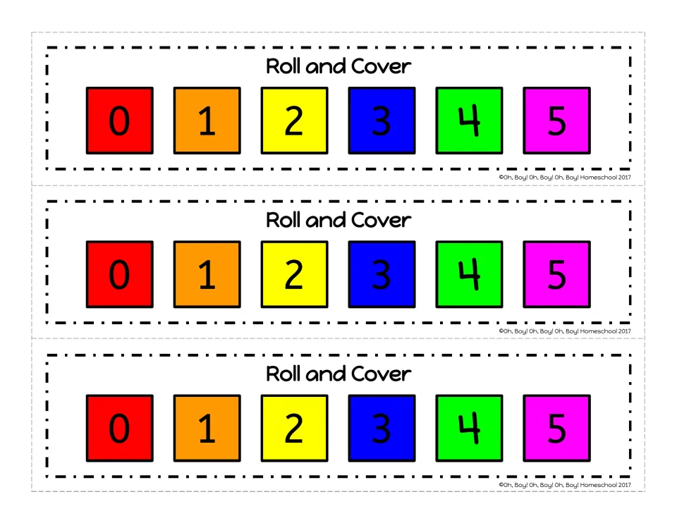 Number recognition 0-5: students roll a die and cover the matching number on three color 'Roll and Cover' strips