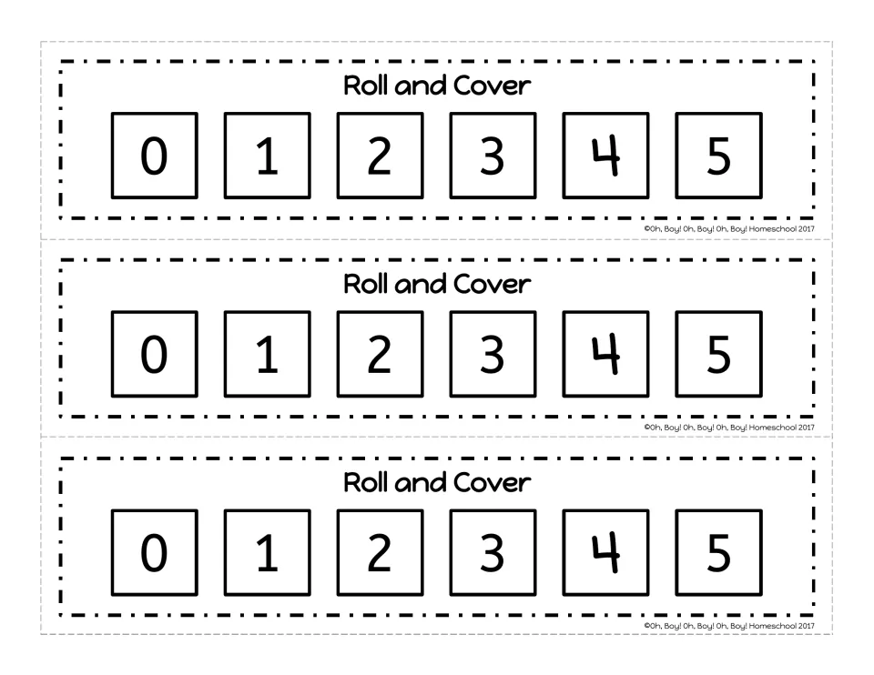 Numbers 0-5 in black and white: students roll a die and cover each matching number on three 'Roll and Cover' strips