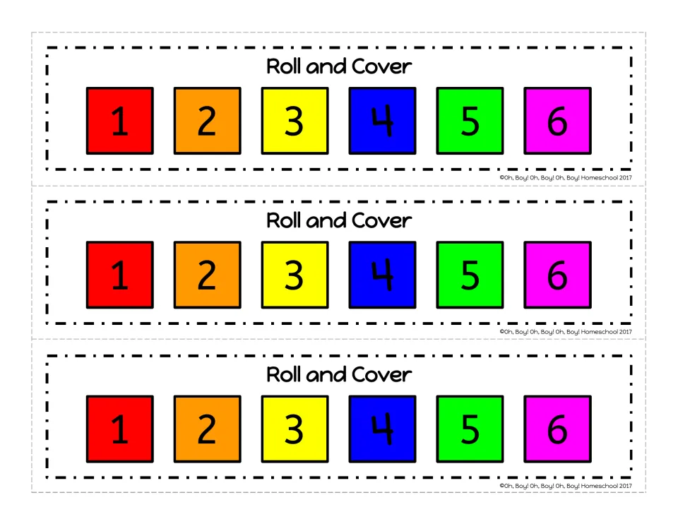 Numbers 1 to 6: students roll a die and place a counter over the matching number on three color 'Roll and Cover' strips