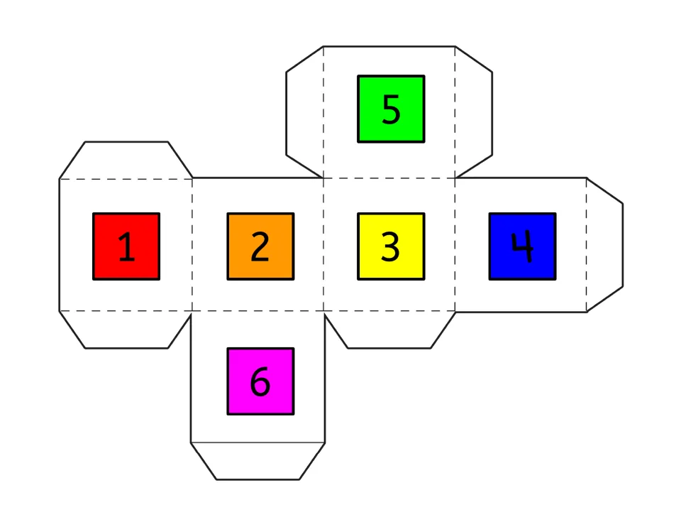Color number die template with faces 1 to 6 to cut out and fold, used for rolling during the 1-6 strip version of the game