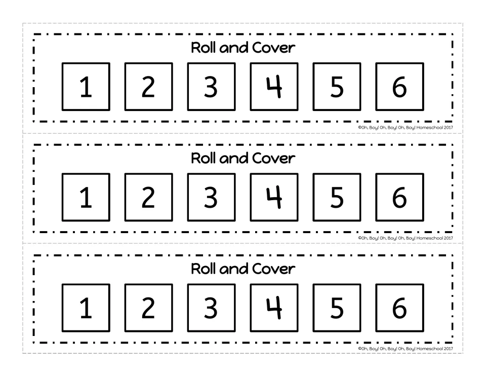 Numbers 1-6 in black and white: students cover each number they roll on three 'Roll and Cover' strips with counters